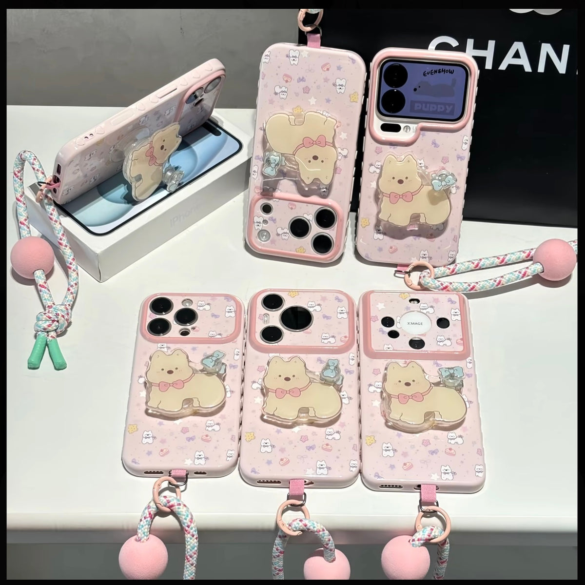 Cute Bow‑Dog Phone Case With Stand & Lanyard