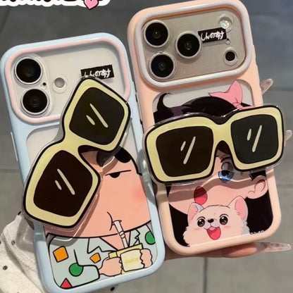 Cartoon Shinchan &Girl Phone Case With Sunglasses Pop Socket Stand