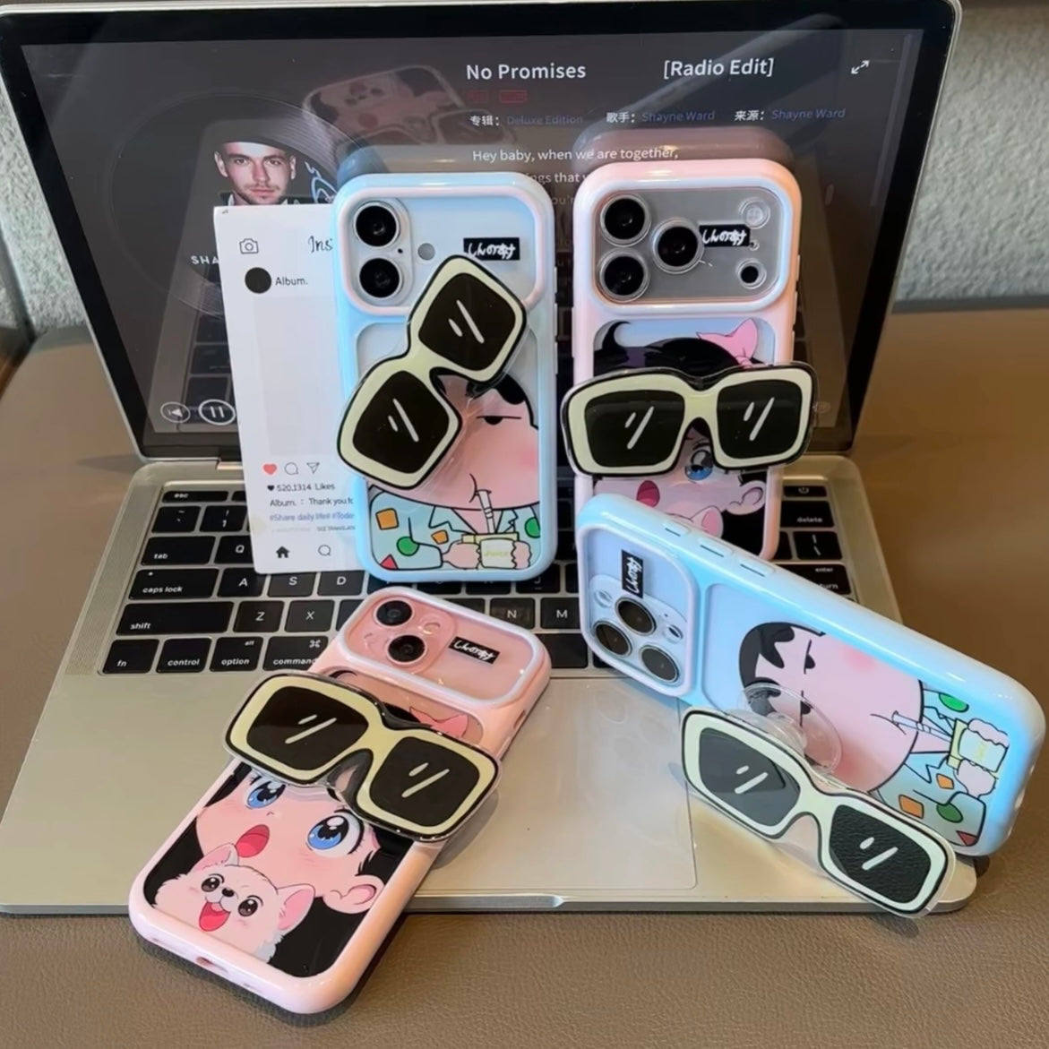 Cartoon Shinchan &Girl Phone Case With Sunglasses Pop Socket Stand