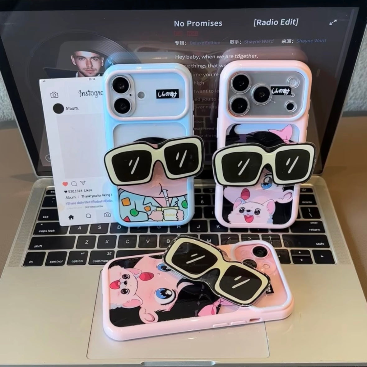 Cartoon Shinchan &Girl Phone Case With Sunglasses Pop Socket Stand