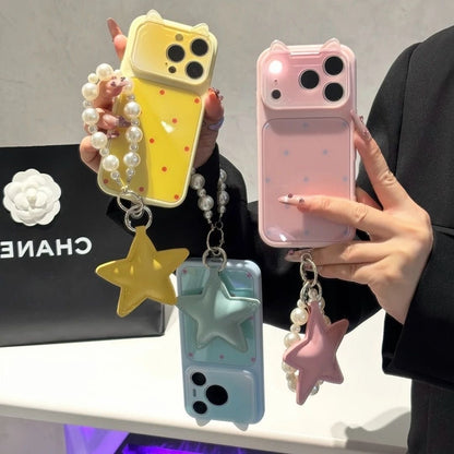 Kawaii Cat‑Ear Flip Lens Cover, Polka‑Dot Phone Case With Pearl Star Hand Strap