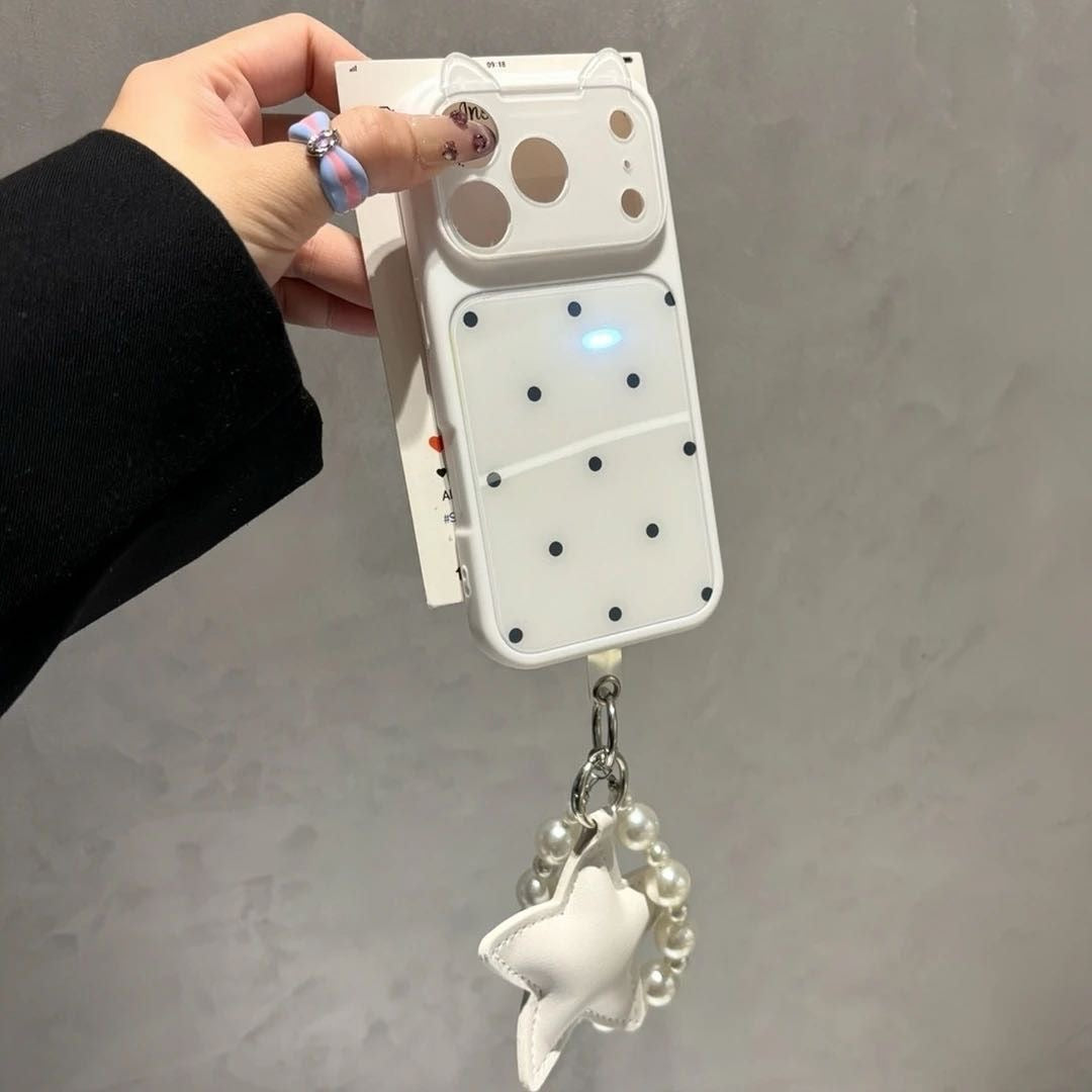 Kawaii Cat‑Ear Flip Lens Cover, Polka‑Dot Phone Case With Pearl Star Hand Strap
