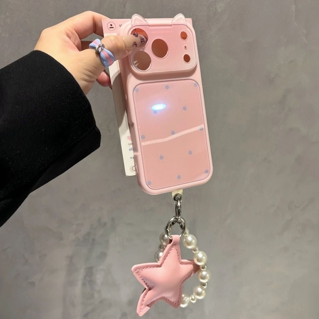 Kawaii Cat‑Ear Flip Lens Cover, Polka‑Dot Phone Case With Pearl Star Hand Strap