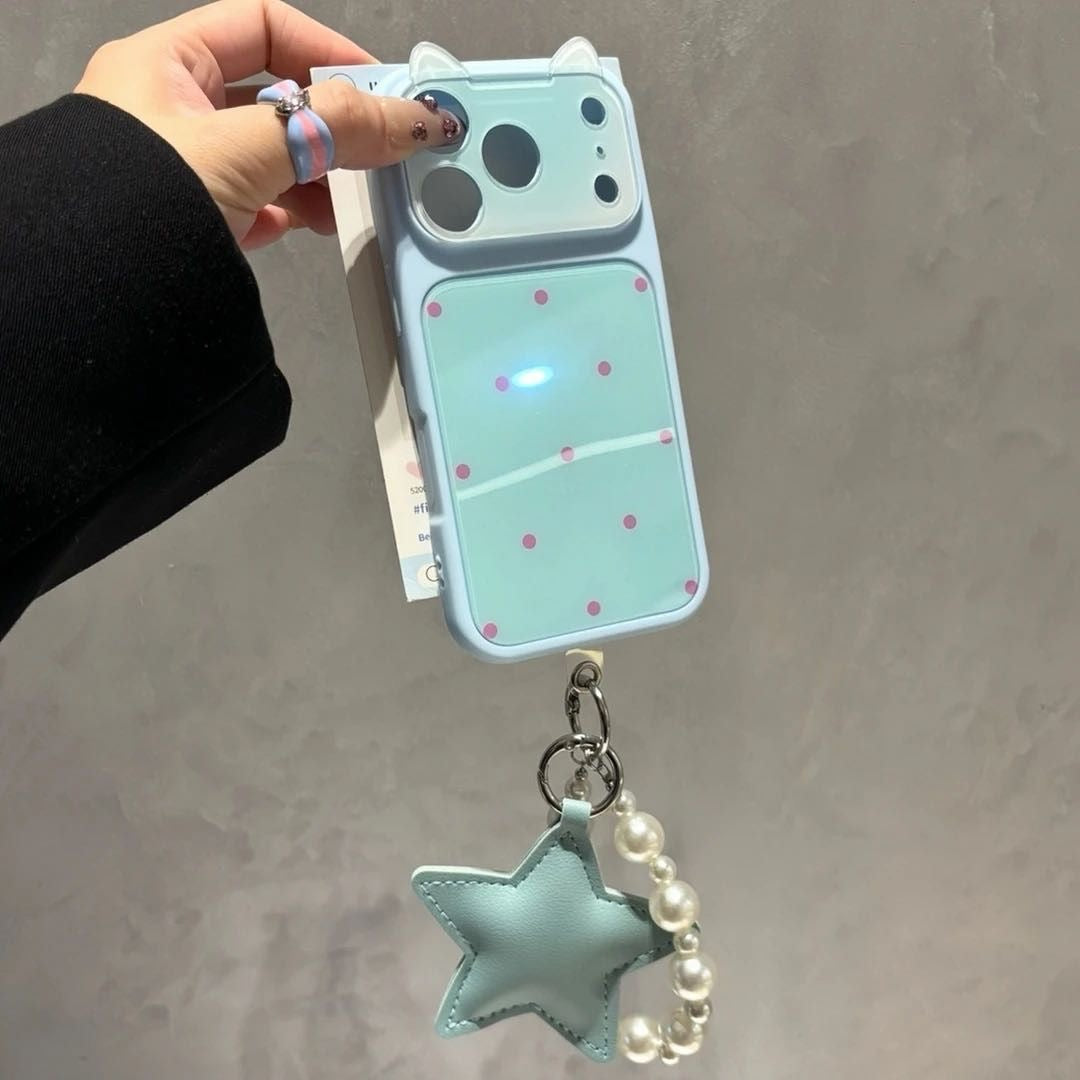 Kawaii Cat‑Ear Flip Lens Cover, Polka‑Dot Phone Case With Pearl Star Hand Strap