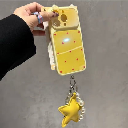 Kawaii Cat‑Ear Flip Lens Cover, Polka‑Dot Phone Case With Pearl Star Hand Strap