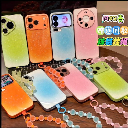Cute Shiny Glitter Gradient Phone Cover, Shockproof Shell With Colorful Beaded Lanyard