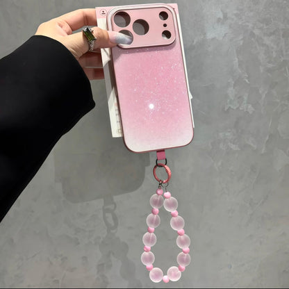 Cute Shiny Glitter Gradient Phone Cover, Shockproof Shell With Colorful Beaded Lanyard