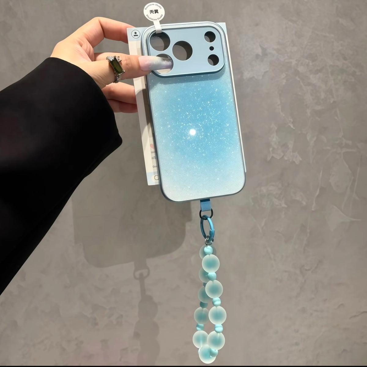 Cute Shiny Glitter Gradient Phone Cover, Shockproof Shell With Colorful Beaded Lanyard