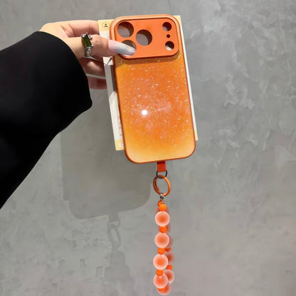 Cute Shiny Glitter Gradient Phone Cover, Shockproof Shell With Colorful Beaded Lanyard