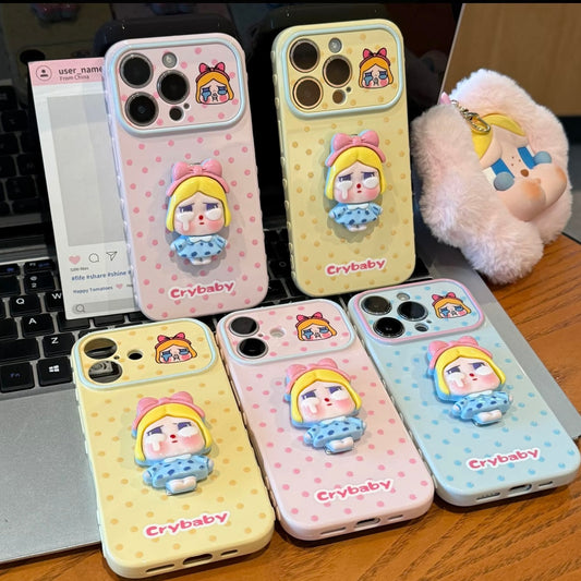 Kawaii Polka‑Dot Phone Case with Detachable 3D Character Figure Stand, Shockproof Shell