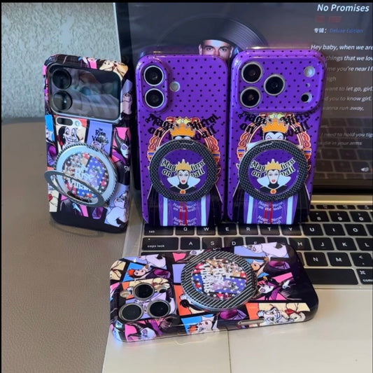 Cartoon Evil Queen Print Phone Case With Built‑in Metal Kickstand Holder Cute Purple Polka Dot Protective Cover for iPhone