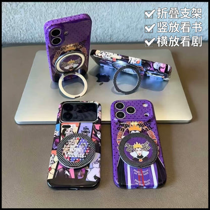 Cartoon Evil Queen Print Phone Case With Built‑in Metal Kickstand Holder Cute Purple Polka Dot Protective Cover for iPhone
