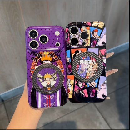 Cartoon Evil Queen Print Phone Case With Built‑in Metal Kickstand Holder Cute Purple Polka Dot Protective Cover for iPhone
