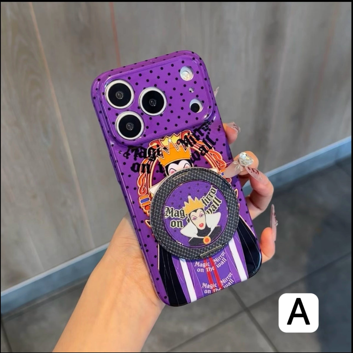 Cartoon Evil Queen Print Phone Case With Built‑in Metal Kickstand Holder Cute Purple Polka Dot Protective Cover for iPhone