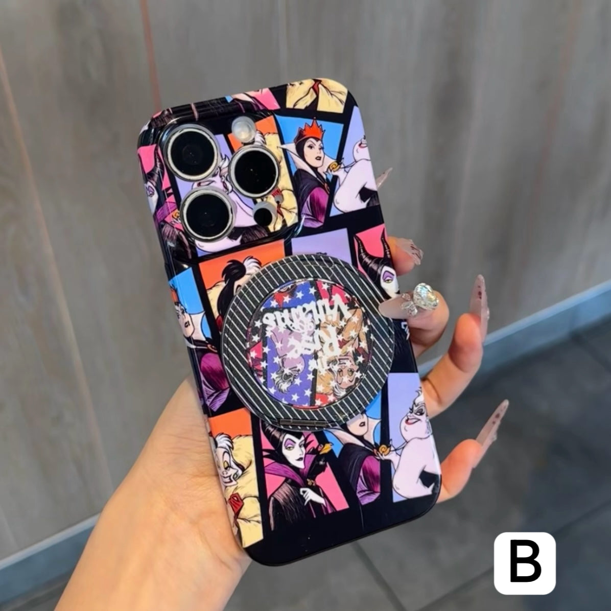 Cartoon Evil Queen Print Phone Case With Built‑in Metal Kickstand Holder Cute Purple Polka Dot Protective Cover for iPhone