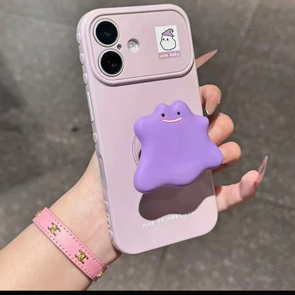 ピンクブルー 猫 折りたたみ式スタンド スマホケース、可愛い猫柄 耐衝撃性ソフトシェル マグネット式ブラケット付き 全機種対応