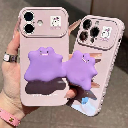 ピンクブルー 猫 折りたたみ式スタンド スマホケース、可愛い猫柄 耐衝撃性ソフトシェル マグネット式ブラケット付き 全機種対応