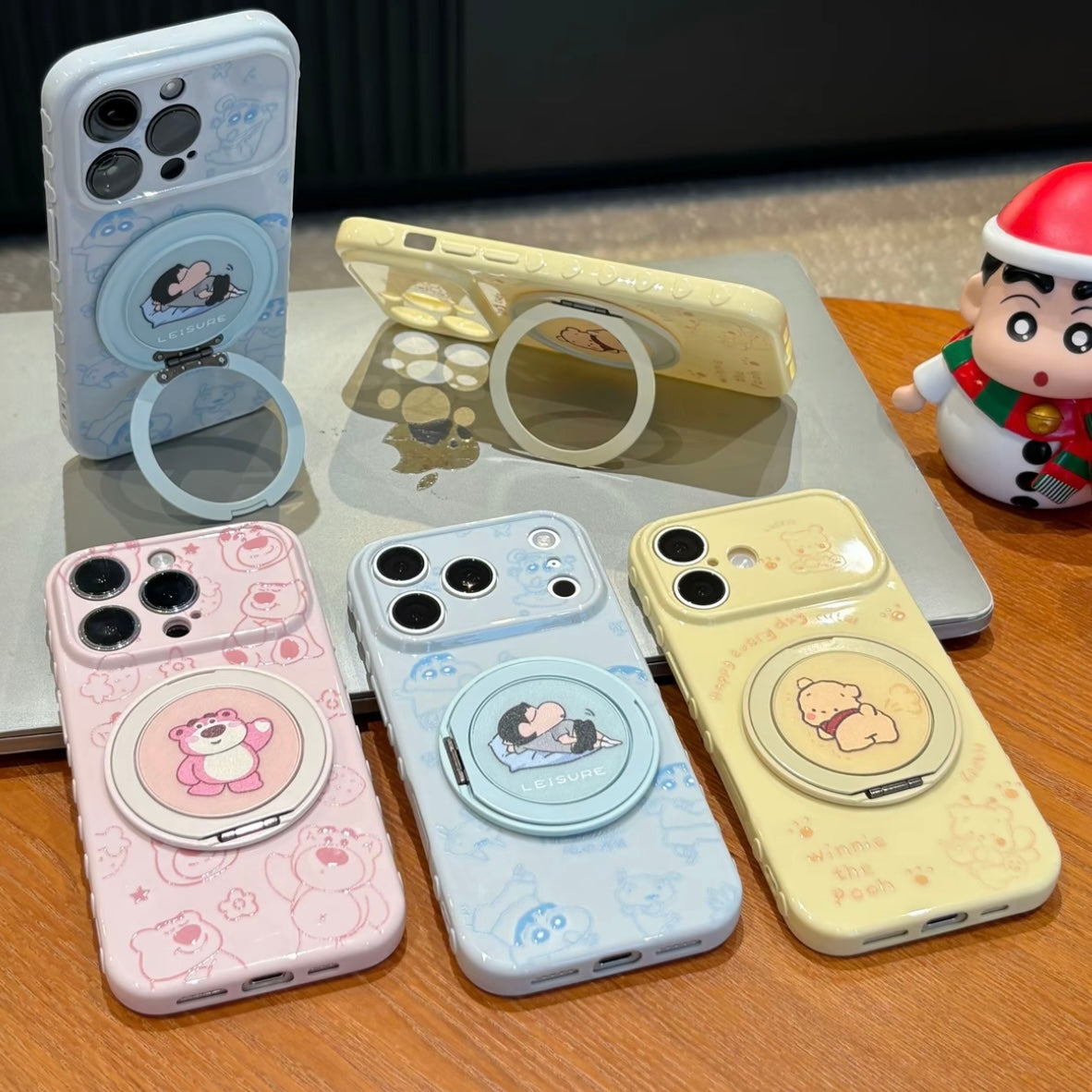 光沢のある可愛い漫画のスマホケース、360°回転磁気リングスタンド付き、ドナルドダック/グーフィー/プルート/ミッキー 耐衝撃保護ケース iPhone用