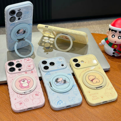 光沢のある可愛い漫画のスマホケース、360°回転磁気リングスタンド付き、ドナルドダック/グーフィー/プルート/ミッキー 耐衝撃保護ケース iPhone用