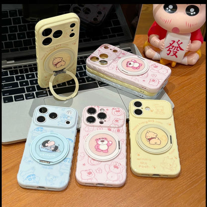 光沢のある可愛い漫画のスマホケース、360°回転磁気リングスタンド付き、ドナルドダック/グーフィー/プルート/ミッキー 耐衝撃保護ケース iPhone用