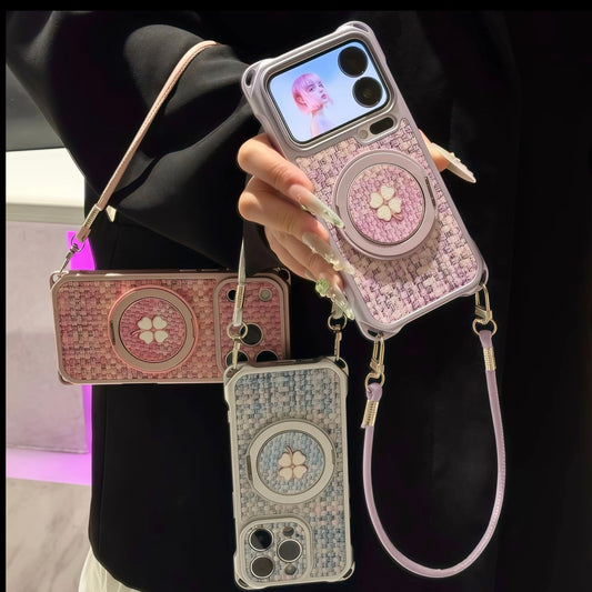 Elegant Woven Texture Phone Case, Four‑Leaf Clover 360° Rotatable Ring Stand With Hand Strap, Soft Shock‑Absorbing Protective Phone Cover For iPhone, Girly Gift