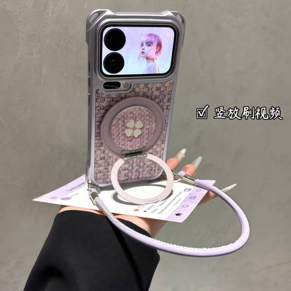 Elegant Woven Texture Phone Case, Four‑Leaf Clover 360° Rotatable Ring Stand With Hand Strap, Soft Shock‑Absorbing Protective Phone Cover For iPhone, Girly Gift