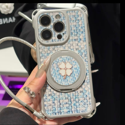 Elegant Woven Texture Phone Case, Four‑Leaf Clover 360° Rotatable Ring Stand With Hand Strap, Soft Shock‑Absorbing Protective Phone Cover For iPhone, Girly Gift
