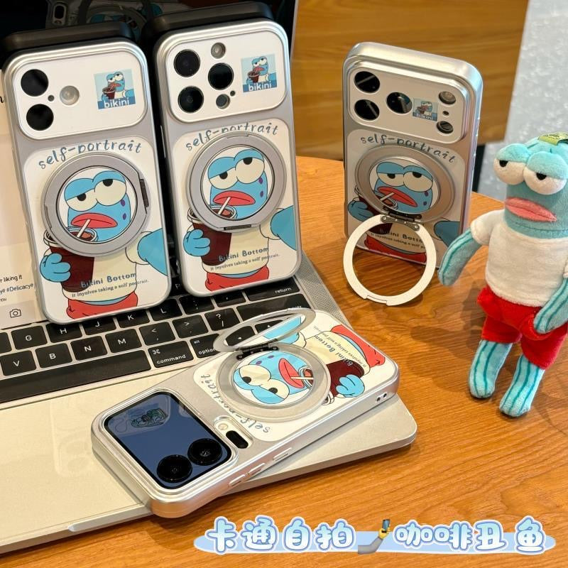 ピンクブルー 猫 折りたたみ式スタンド スマホケース、可愛い猫柄 耐衝撃性ソフトシェル マグネット式ブラケット付き 全機種対応