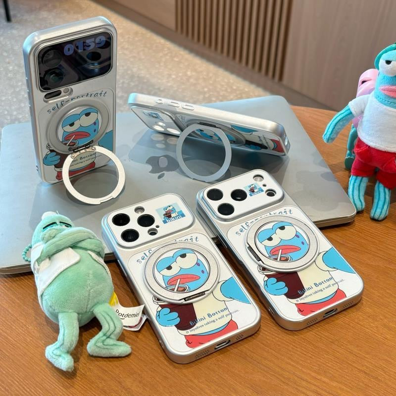 ピンクブルー 猫 折りたたみ式スタンド スマホケース、可愛い猫柄 耐衝撃性ソフトシェル マグネット式ブラケット付き 全機種対応