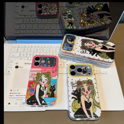 Vintage Cartoon Girl Sailor Moon Pattern Phone Cover, Glitter Flap Camera Lens Protector, Shockproof Soft Protective Phone Shell For iPhone