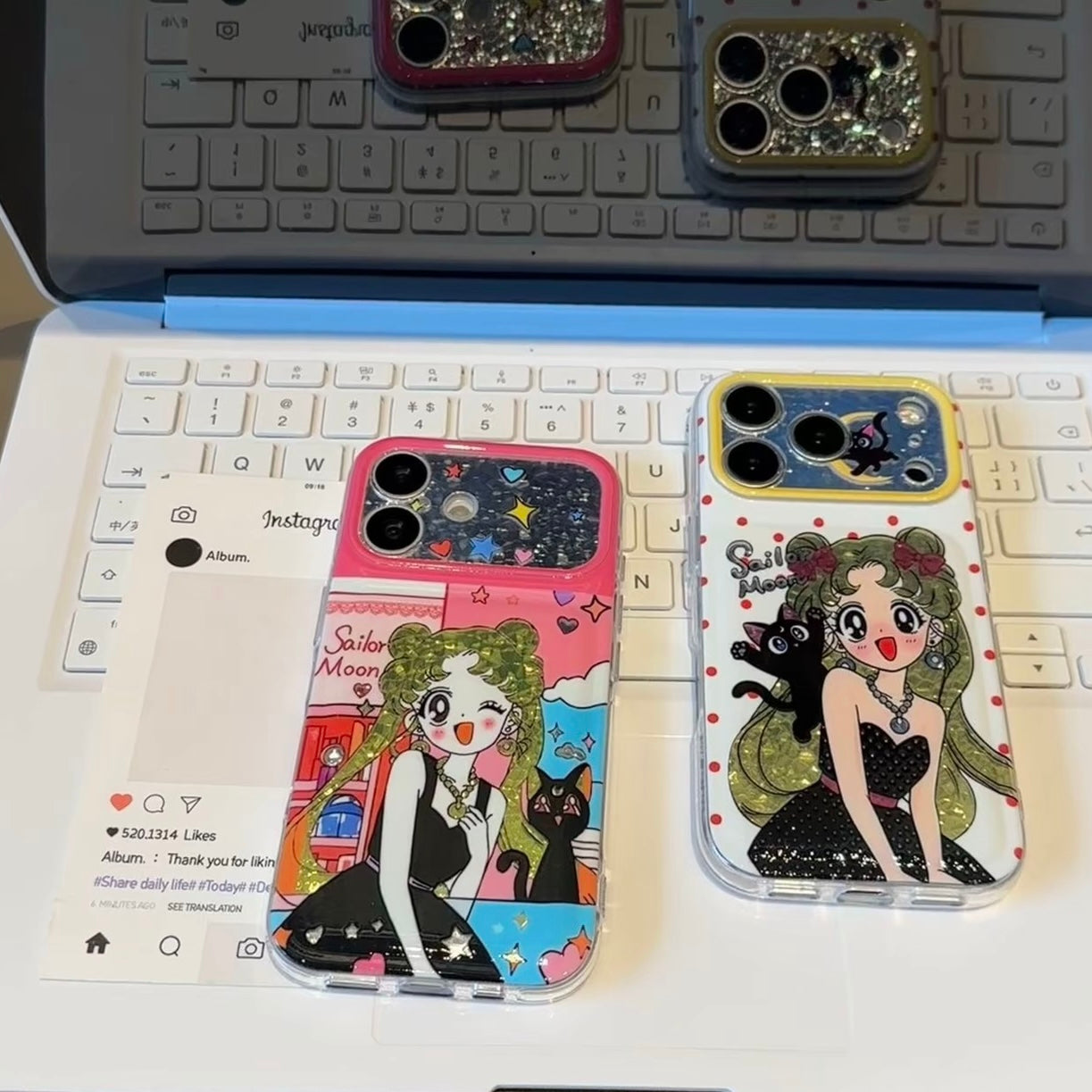 Vintage Cartoon Girl Sailor Moon Pattern Phone Cover, Glitter Flap Camera Lens Protector, Shockproof Soft Protective Phone Shell For iPhone
