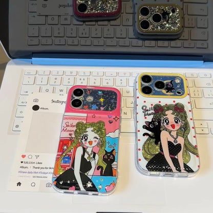Vintage Cartoon Girl Sailor Moon Pattern Phone Cover, Glitter Flap Camera Lens Protector, Shockproof Soft Protective Phone Shell For iPhone