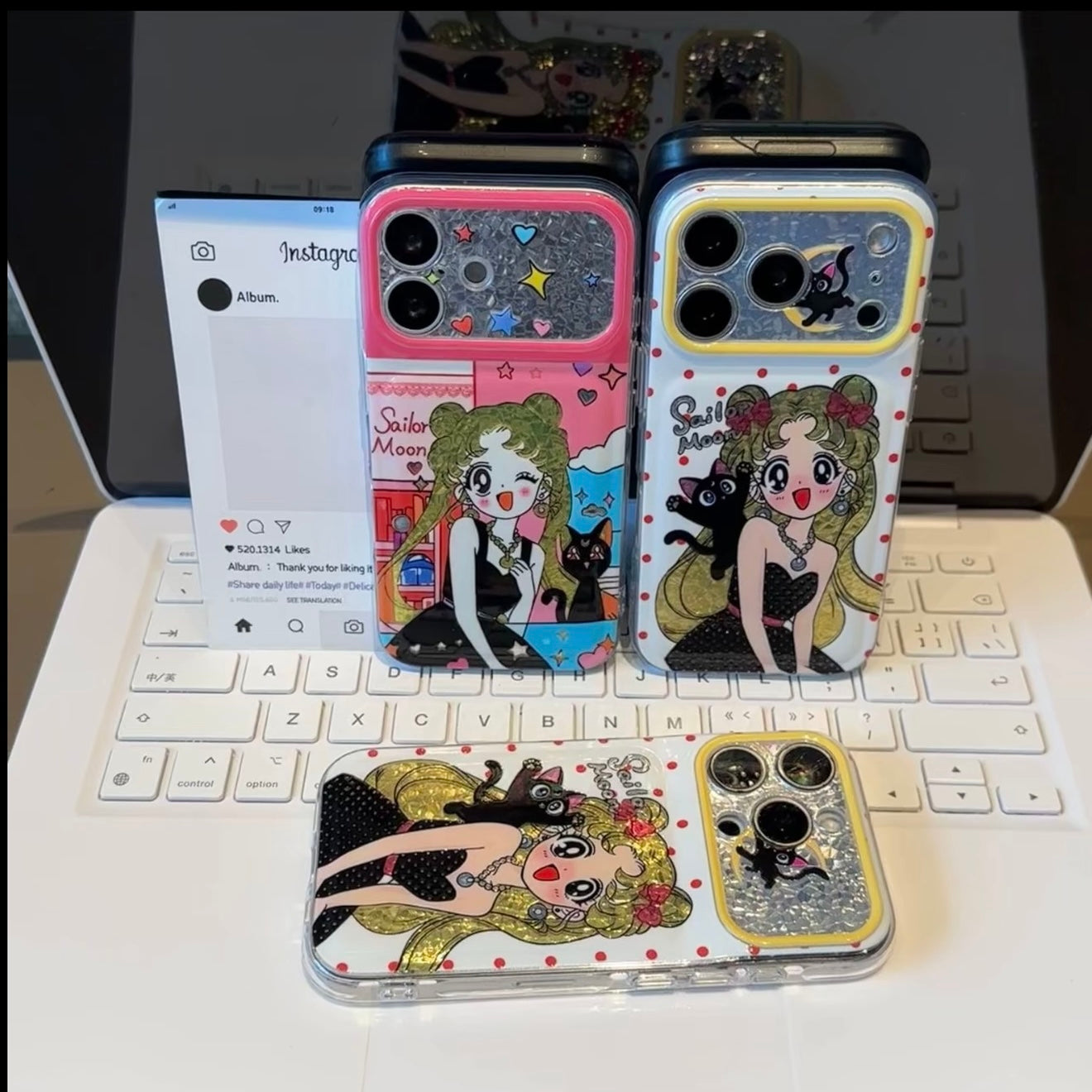 Vintage Cartoon Girl Sailor Moon Pattern Phone Cover, Glitter Flap Camera Lens Protector, Shockproof Soft Protective Phone Shell For iPhone
