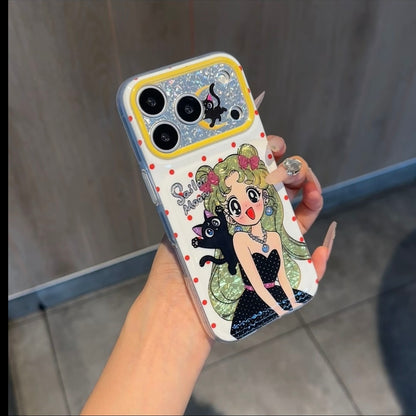 Vintage Cartoon Girl Sailor Moon Pattern Phone Cover, Glitter Flap Camera Lens Protector, Shockproof Soft Protective Phone Shell For iPhone