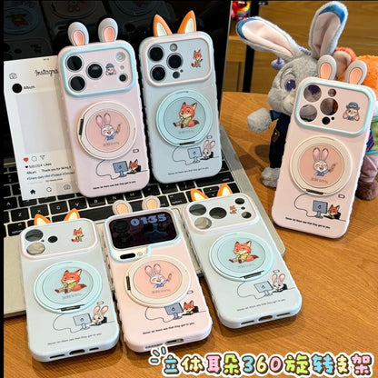 Cute 3D Fox & Bunny Ear Smartphone Cover, Rotatable Ring Holder, Large Window Camera Frame, Shock‑Proof Soft Protective Phone Shell For IPhone
