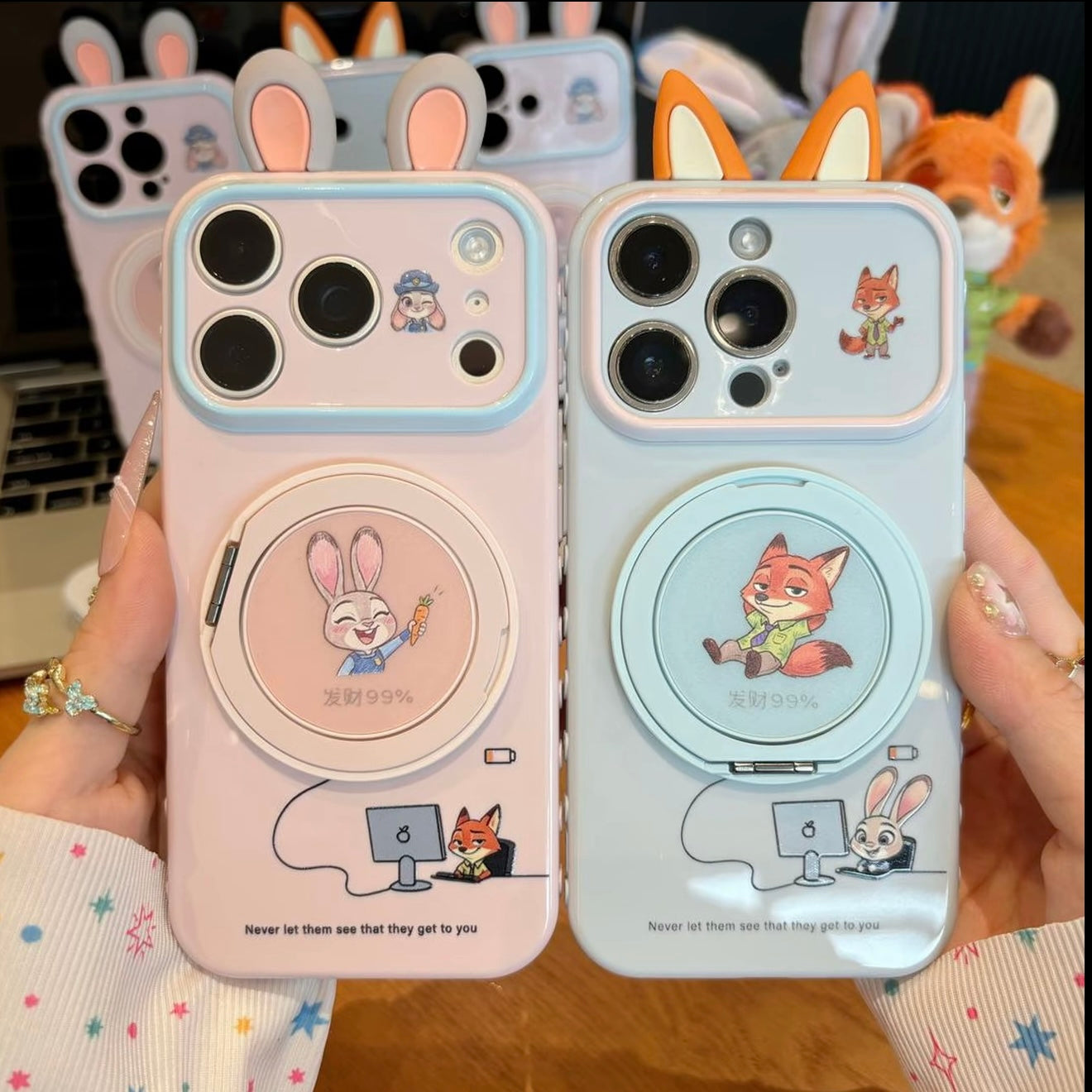 Cute 3D Fox & Bunny Ear Smartphone Cover, Rotatable Ring Holder, Large Window Camera Frame, Shock‑Proof Soft Protective Phone Shell For IPhone