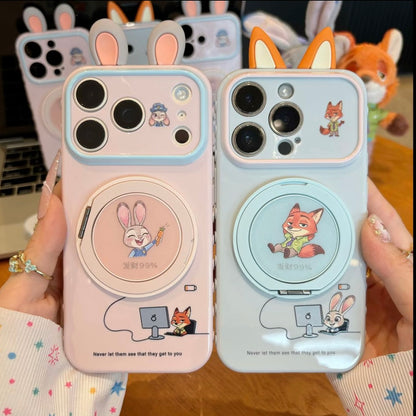 Cute 3D Fox & Bunny Ear Smartphone Cover, Rotatable Ring Holder, Large Window Camera Frame, Shock‑Proof Soft Protective Phone Shell For IPhone