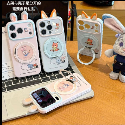 Cute 3D Fox & Bunny Ear Smartphone Cover, Rotatable Ring Holder, Large Window Camera Frame, Shock‑Proof Soft Protective Phone Shell For IPhone