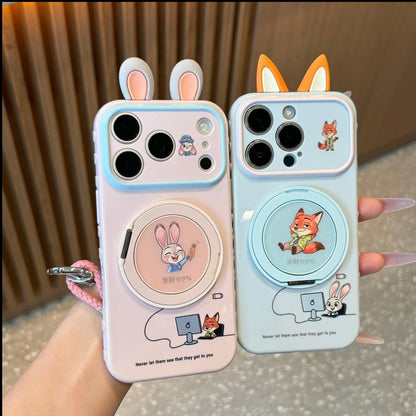 Cute 3D Fox & Bunny Ear Smartphone Cover, Rotatable Ring Holder, Large Window Camera Frame, Shock‑Proof Soft Protective Phone Shell For IPhone