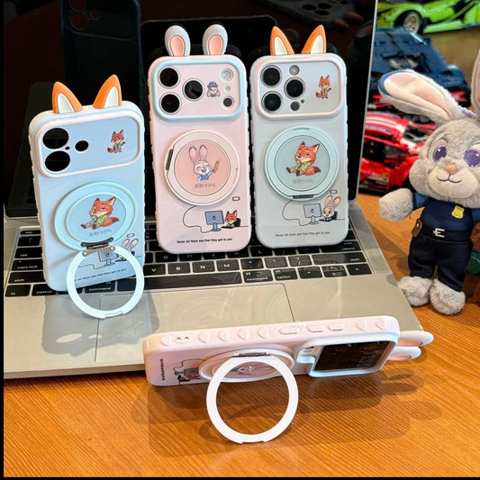 Cute 3D Fox & Bunny Ear Smartphone Cover, Rotatable Ring Holder, Large Window Camera Frame, Shock‑Proof Soft Protective Phone Shell For IPhone