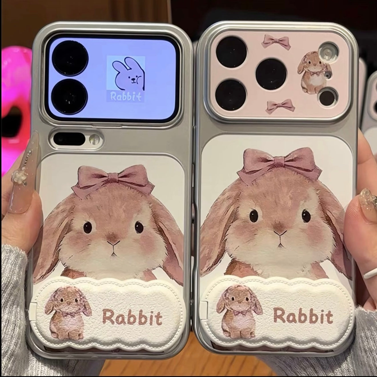 Sweet Watercolor Bunny Phone Case With Fold‑Out Stand, Bow Decoration Large Camera Window, Anti‑Drop Soft Hard Hybrid Protective Smartphone Cover