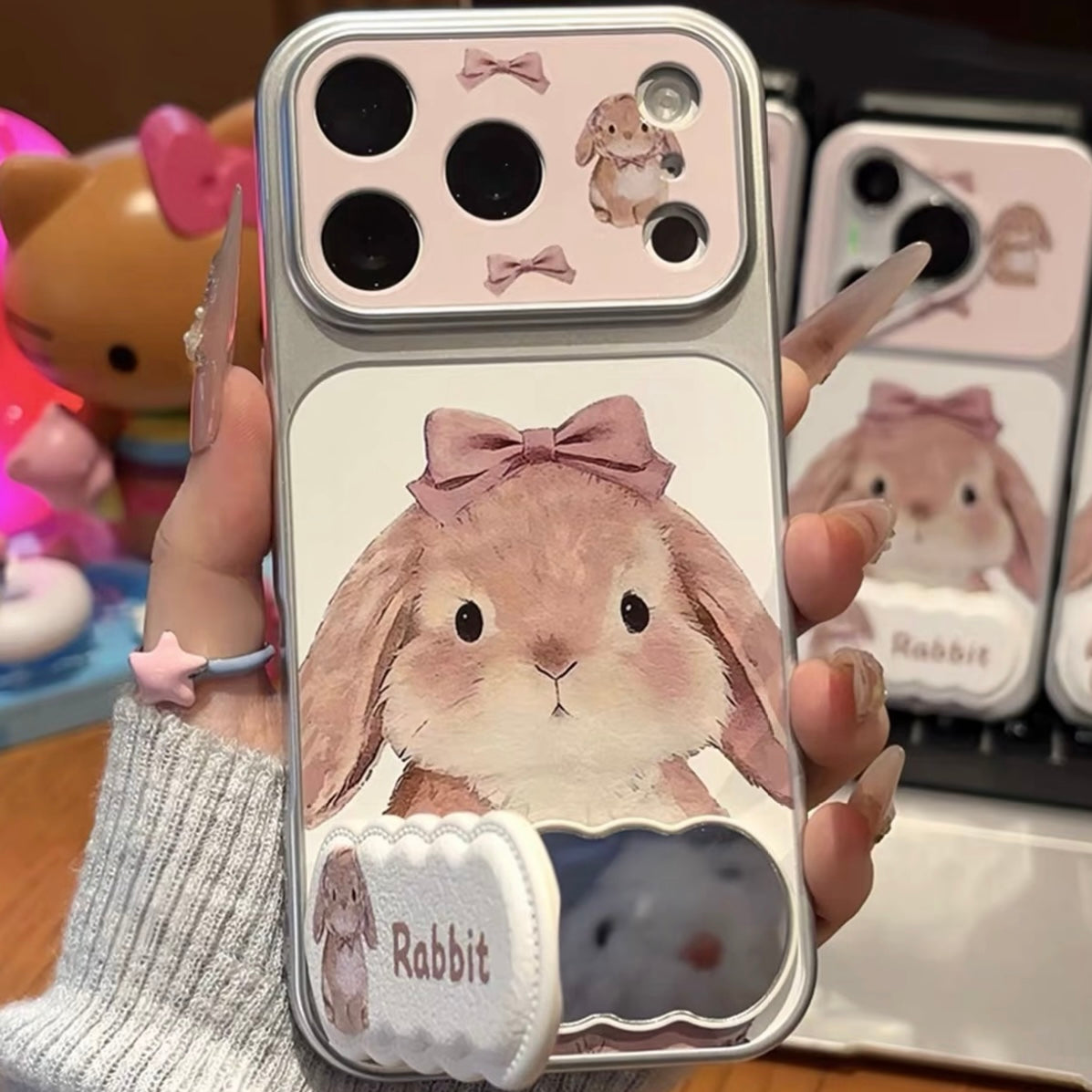 Sweet Watercolor Bunny Phone Case With Fold‑Out Stand, Bow Decoration Large Camera Window, Anti‑Drop Soft Hard Hybrid Protective Smartphone Cover