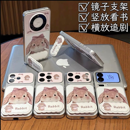 Sweet Watercolor Bunny Phone Case With Fold‑Out Stand, Bow Decoration Large Camera Window, Anti‑Drop Soft Hard Hybrid Protective Smartphone Cover