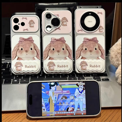 Sweet Watercolor Bunny Phone Case With Fold‑Out Stand, Bow Decoration Large Camera Window, Anti‑Drop Soft Hard Hybrid Protective Smartphone Cover