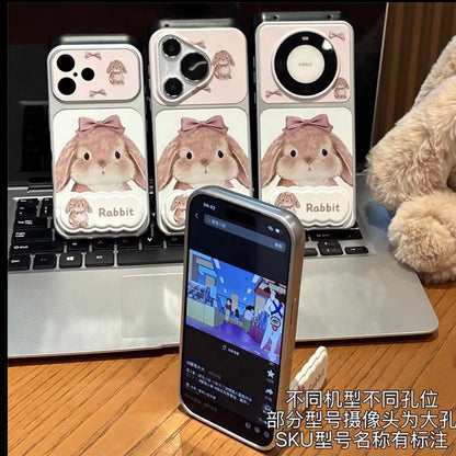 Sweet Watercolor Bunny Phone Case With Fold‑Out Stand, Bow Decoration Large Camera Window, Anti‑Drop Soft Hard Hybrid Protective Smartphone Cover