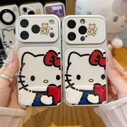 Cute Cartoon Flip Mirror Phone Case, Silver Frame Protective Phone Cover With Little Bear Pattern