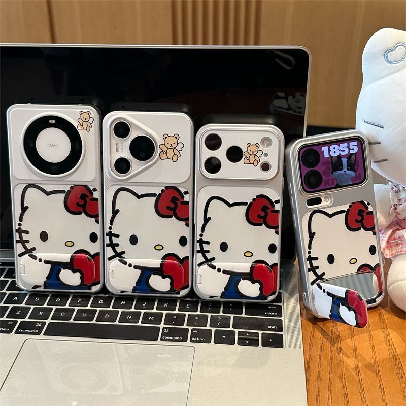 Cute Cartoon Flip Mirror Phone Case, Silver Frame Protective Phone Cover With Little Bear Pattern