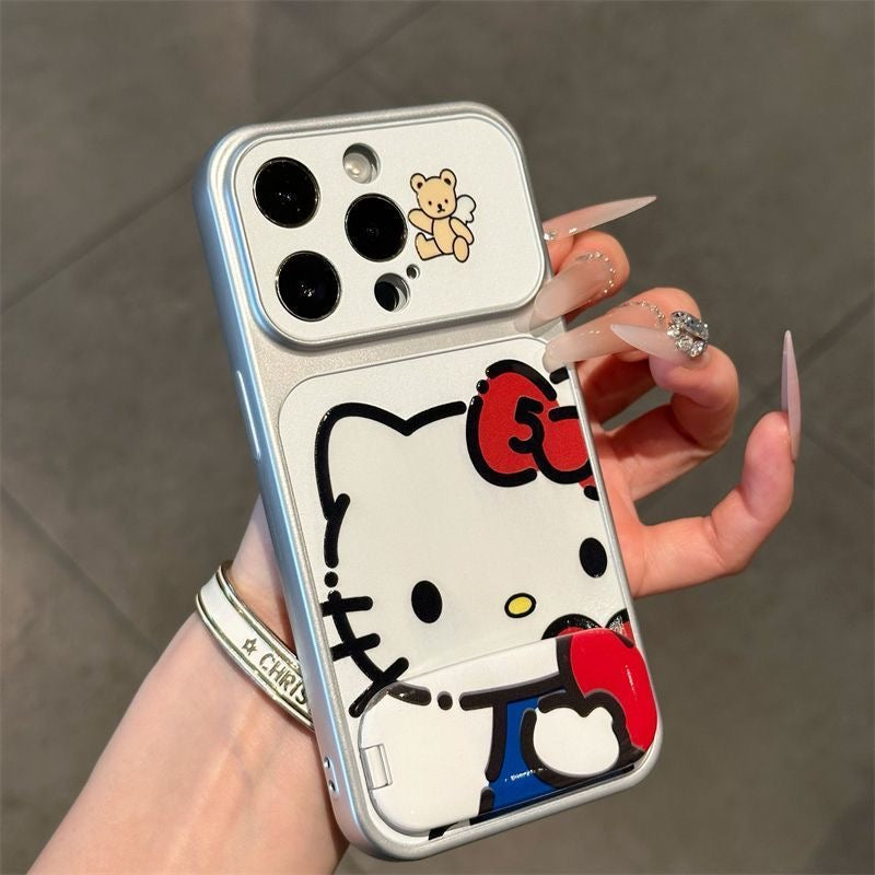 Cute Cartoon Flip Mirror Phone Case, Silver Frame Protective Phone Cover With Little Bear Pattern