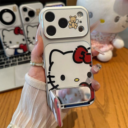 Cute Cartoon Flip Mirror Phone Case, Silver Frame Protective Phone Cover With Little Bear Pattern
