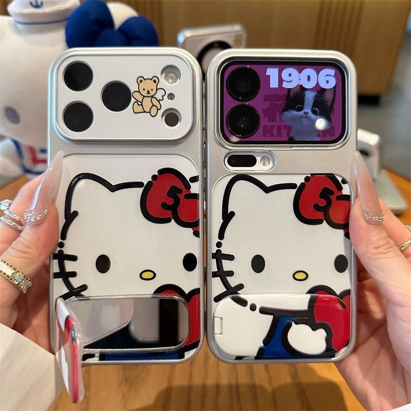 Cute Cartoon Flip Mirror Phone Case, Silver Frame Protective Phone Cover With Little Bear Pattern